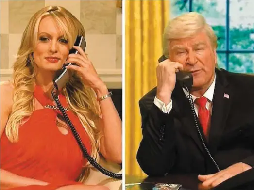  ?? CAPTURE D’ÉCRAN NBC ?? Dans l’épisode de Saturday Night Live, Stormy Daniels demande au président incarné par Alec Baldwin de « démissionn­er ».