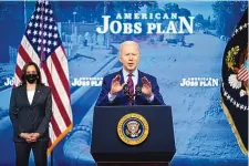  ?? EVAN VUCCI/ASSOCIATED PRESS ?? President Joe Biden speaks Wednesday during an event promoting the American Jobs Plan at the White House. Vice President Kamala Harris stands at left.