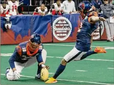  ?? James Franco / Special to the Times Union ?? Albany kicker Marc Orozco, right, suffered a knee injury on a late hit during Saturday night’s game against Columbus.