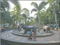  ??  ?? A boy rides his bicycle in a park decorated with hippo statues in Doradal, Colombia.