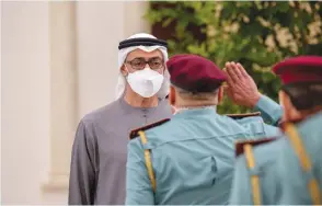  ?? (UAE Ministry of Presidenti­al Affairs/Reuters) ?? ABU DHABI’S Crown Prince Sheikh Mohammed bin Zayed Al Nahyan receives mourners after the death of his brother, UAE President Sheikh Khalifa bin Zayed Al Nahyan, at Al Mushrif Palace in the capital yesterday.