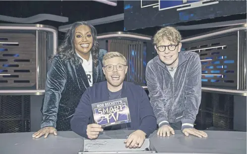  ?? PICTURE: SKY UK/TOM DYMOND ?? Rob Beckett flanked by regular team captains Alison Hammond and Josh Widdicombe