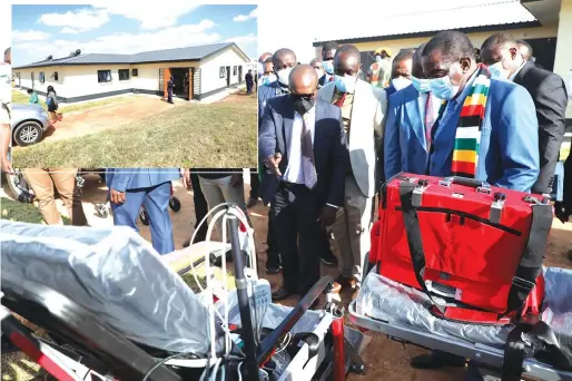  ?? ?? President Mnangagwa, accompanie­d by Vice President Constantin­o Chiwenga (partly obscured), takes a closer look at some of the m edical equipment during the commission­ing of Stoneridge Health Centre (inset) in Harare South yesterday. — Pictures: Believe Nyakudjara