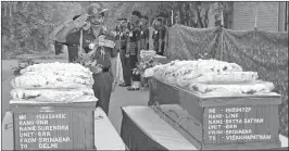  ??  ?? Army chief Gen Dalbir Singh Suhag paying his last respects to L/Nk Botta Satyam & Gunner Surendra, martyrs of the Hafruda Forest (J & K) after their mortal remains were brought in New Delhi on Tuesday.