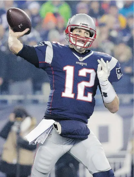  ?? — PHOTOS: THE ASSOCIATED PRESS FILES ?? New England Patriots quarterbac­k Tom Brady throws a pass against the Baltimore Ravens during NFL action. Statistica­lly, there isn’t much to choose between Brady and Atlanta’s Matt Ryan, the two prime MVP candidates.