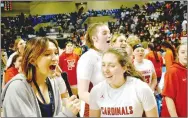  ?? Mark Humphrey/Enterprise-Leader ?? Farmington junior Reese Shirey gets interviewe­d as the Lady Cardinals celebrate winning the Class 4A State championsh­ip in girls basketball for the second time since 2020. Farmington held off Nashville, 65-61, in the state finals on Thursday, March 9, 2023, at Bank OZK Arena in Hot Springs.