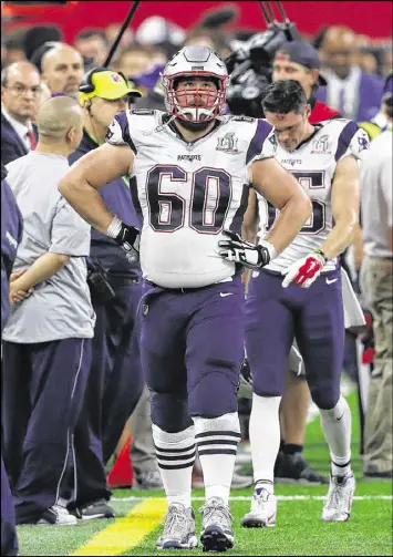  ??  ?? Former Bulldog center David Andrews, who wasn’t drafted, has beaten the odds to start for the Super Bowl champion Patriots all season.