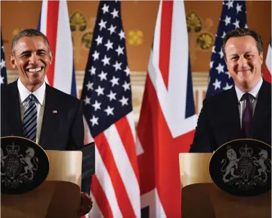  ??  ?? Sticking to the script: Barack Obama speaking alongside David Cameron in April 2016