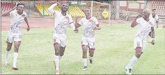  ?? ?? Manzini Wanderers players in a celebrator­y mood after one of their goals in their 3-1 win over Tambuti at Mavuso Sports Centre in this file picture. They are said to be after two players from Tambuti.