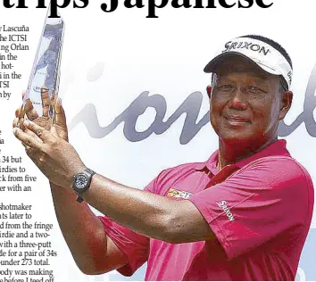  ??  ?? Tony Lascuña hoists his trophy after scoring another victory at ICTSI Eagle Ridge Invitation­al.