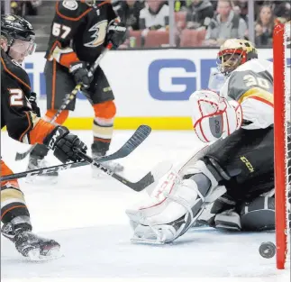  ?? Chris Carlson ?? The Associated Press Malcolm Subban of the Golden Knights comes up with one of his 27 saves, stoning Anaheim right wing Ondrej Kase during the second period.