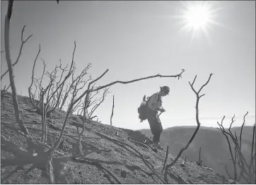  ?? MIKE ELIASON, SANTA BARBARA COUNTY FIRE DEPARTMENT VIA AP ?? Santa Barbara County Fire Capt. Ryan Thomas hikes down steep terrain below East Camino Cielo to meet with his crew and root out and extinguish smoldering hot spots.