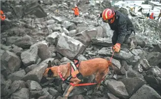  ?? JIANG WENYAO / XINHUA ?? Rescuers search for survivors on Tuesday after a landslide struck Liangshui village in Zhenxiong county, Yunnan province, on Monday.