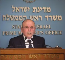  ?? (Hadas Parush/Flash90) ?? SPEAKING AT a press conference announcing the new agreement for handling asylum seekers and illegal African migrants in Israel, at the Prime Minister’s Office in Jerusalem in 2018.