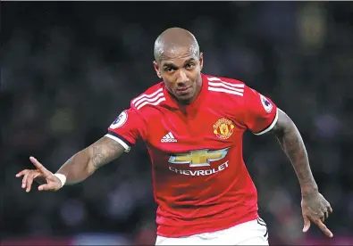  ?? ANDREW COULDRIDGE / ACTION IMAGES VIA REUTERS ?? Ashley Young celebrates scoring Manchester United’s second goal against Watford in their English Premier League match at Vicarage Road, Watford, on Tuesday. United won 4-2.