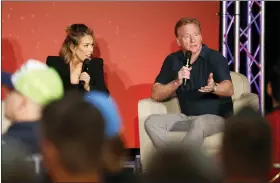  ?? STEVE LUCIANO — THE ASSOCIATED PRESS ?? NFL commission­er Roger Goodell, right, and NFL Network’s Colleen Wolfe speak on stage at the NFL Germany Live event in Munich, Germany on Saturday.