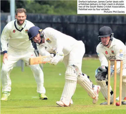  ?? Picture: Phil Davies ?? Drefach batsman James Carter deals with a Felinfoel delivery in their clash in division two of the South Wales Cricket Associatio­n. Felinfoel won by four wickets.