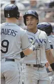  ?? AP PHOTO ?? LEADING OFF: Mallex Smith gets congratula­ted by Jake Bauers after scoring a run in the Rays’ 3-1 win over the Yankees.