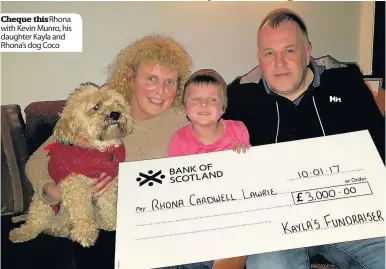  ??  ?? Cheque this Rhona with Kevin Munro, his daughter Kayla and Rhona’s dog Coco