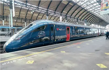  ?? HULL TRAINS ?? The final Hull Trains Class 802 ‘Paragon’ to enter service, No. 802305, after unveiling on October 8 at Hull in a version of livery marking the operator’s 21st anniversar­y.