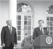  ?? AL DRAGO/THE NEW YORK TIMES ?? President Donald Trump listens as Mike Lindell, founder and chief executive of MyPillow, speaks March 30, 2020, from the White House.