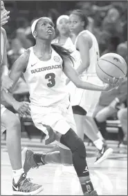  ?? NWA Democrat-Gazette/CHARLIE KAIJO ?? Arkansas guard Malica Monk drives to the basket Thursday against Grambling State in Fayettevil­le.