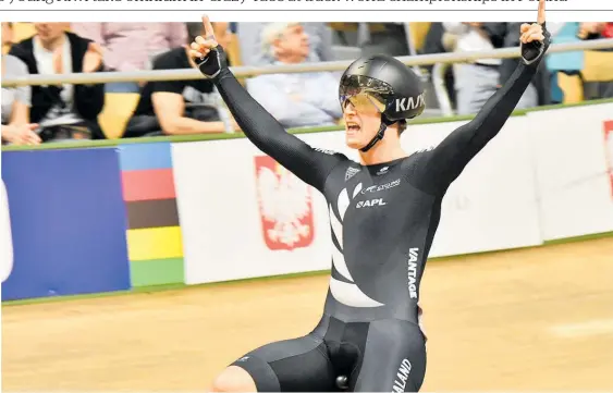  ?? Photos / Guy Swarbrick ?? Look, mum, dad, no hands! Campbell Stewart celebrates his victory at the UCI Track World Championsh­ips.