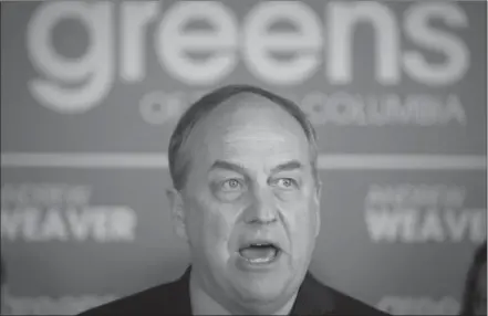  ?? DARRYL DYCK, THE CANADIAN PRESS ?? British Columbia Green party Leader Andrew Weaver speaks about the party’s affordable housing strategy in Vancouver on Tuesday, April 11.