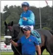  ?? DAVID M. JOHNSON — DJOHNSON@ DIGITALFIR­STMEDIA.COM ?? Miss Ella and jockey Joel Rosario are led into the winner's circle after winning The Caress Stakes Monday, July 24, 2017 at Saratoga Race Course.