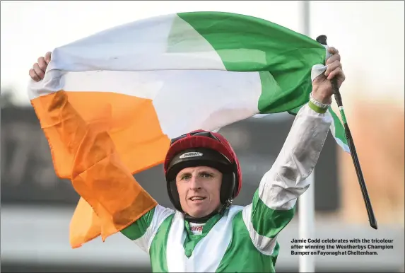  ??  ?? Jamie Codd celebrates with the tricolour after winning the Weatherbys Champion Bumper on Fayonagh at Cheltenham.