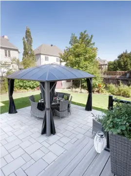  ??  ?? Aménagemen­t : Martel Paysagiste, martelpays­agiste.com. Constructi­on : Constructi­on Prodeck, constructi­onprodeck.ca. Gazebo : Trévi. Mobilier : Piscine Hippocampe. Club Piscine. Coussins : JYSK. Stéphanie Guéritaud.