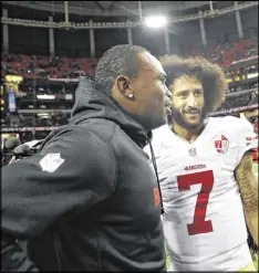  ?? JOHN BAZEMORE / AP ?? Falcons receiver Julio Jones (left, speaking with 49ers quarterbac­k Colin Kaepernick after Sunday’s game) will test his injured toe this week. If it feels OK, Jones could play Saturday against Carolina.