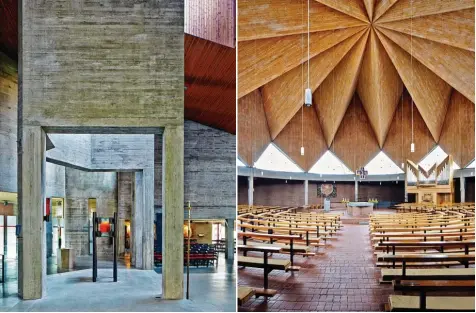  ??  ?? Konstrukti­v gewagt, in eher strengem Stil: Blick in die Königsbrun­ner Kirche „Zur göttlichen Vorsehung“(Architekt: Justus Dahinden, 1971, links) und in die Landsberge­r Kir che „Zu den heiligen Engeln“(Josef Wiedemann, 1965/66).