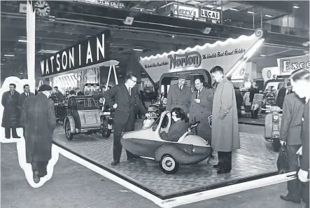  ??  ?? Sidecar outfits remained popular in 1956, and no fewer than seven British manufactur­ers, along with Steib of Germany, had stands at the show. With scooters selling like hot cakes, and scooter rallies growing in popularity, Watsonian showed off its new baby, the glassfibre-bodied Bambi scooter sidecar, along with the useful Bambox.