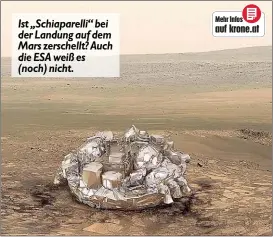  ??  ?? Ist „Schiaparel­li“bei der Landung auf dem Mars zerschellt? Auch die ESA weiß es (noch) nicht.