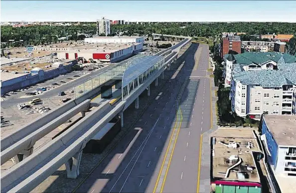  ??  ?? A city-supplied rendering shows the proposed elevated LRT station in Bonnie Doon. Raising the track through the area could cost up to $220 million.