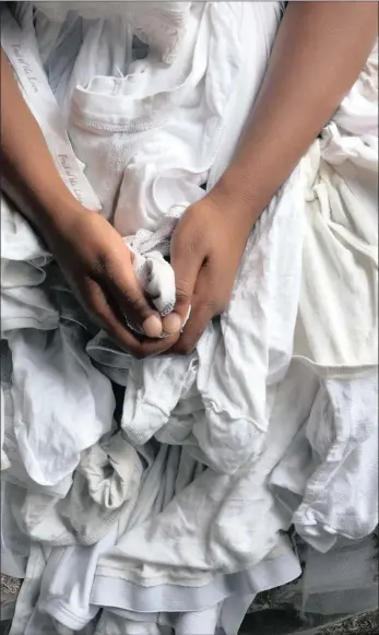  ??  ?? Nondumiso Lwazi Msimanga in a handmade wedding dress of panties. Msimanga and artist Jenny Nijenhuis are behind the “SA’s Dirty Laundry” project as part of the 16 Days of Activism campaign.