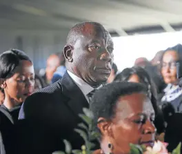  ?? Alaister Russell ?? Emotional farewell: Deputy President Cyril Ramaphosa arrives at the funeral of South African poet laureate and political activist Keorapetse Kgositsile at the Marks Park Sports grounds in Emmarentia, Johannesbu­rg, on Tuesday. Kgositsile died on January...