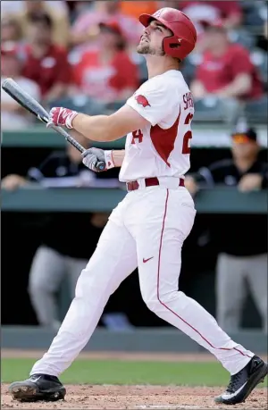  ?? NWA Democrat- Gazette/ ANDY SHUPE ?? First baseman Chad Spanberger has provided the Arkansas Razorbacks with plenty of power at the plate this season. The junior from Granite City, Ill., is batting .314 with 6 doubles, 9 home runs and team- leading 42 RBI going into this weekend’s series...