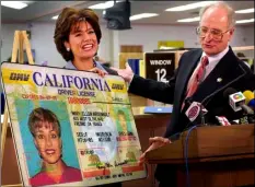  ?? AP PHOTO ?? In this July 2, 2001, file photo, Department of Motor Vehicles Director Steve Gourley (right) and California’s Business, Transporta­tion and Housing Agency Secretary Maria Contreras-Sweet display a facsimile of the state’s driver’s license in Culver...