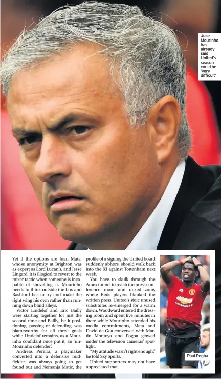 ??  ?? Jose Mourinho has already said United’s season could be ‘very difficult’ Paul Pogba