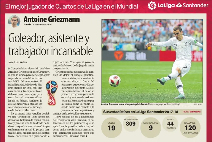  ?? FOTO: GETTY ?? Antoine Griezmann marcó el segundo gol de Francia El meta uruguayo Muslera contribuyó