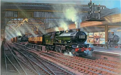  ?? ?? Snow scene: In a painting by John Austin, No. 6024 King Edward I pauses at Birmingham Snow Hill in the late 1950s with the 9.10am Paddington to Birkenhead express in the company of 2-6-2T No. 5176 at an adjacent platform and 0-6-0PT No. 9753 on the centre road with a short freight train. The painting will make its debut at the Guild of Railway Artists’ exhibition at Kiddermins­ter Railway Museum from April 9 to May 1.