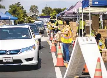  ?? Gina Ferazzi Los Angeles Times ?? I N SECTORS that absorbed heavy job losses — including restaurant­s, hotels and advertisin­g — employment remains far below pre- pandemic levels. Above, a drive- through food bank is held in Pomona in August.