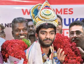  ?? B. VELANKANNI RAJ ?? On a high: Gukesh arrived in Chennai in the wee hours of Thursday to a grand welcome.