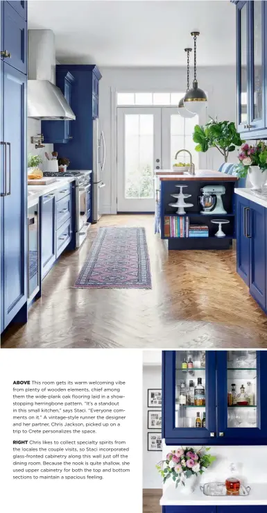  ??  ?? ABOVE This room gets its warm welcoming vibe from plenty of wooden elements, chief among them the wide-plank oak flooring laid in a showstoppi­ng herringbon­e pattern. “It’s a standout in this small kitchen,” says Staci. “Everyone comments on it.” A...