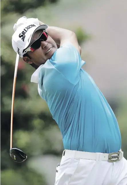  ?? JOHN BAZEMORE/THE ASSOCIATED PRESS ?? Hideki Matsuyama of Japan shot a sparkling round of 64 Friday in the second round of the PGA Championsh­ip at Quail Hollow in Charlotte, N.C., to jump into a share of the lead.