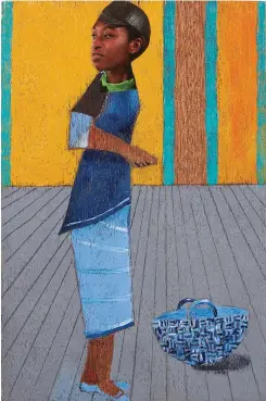  ?? ?? p
Lubaina Himid Out Shopping, 2020, oil and collage on board, 51/2333/4in (14.239.5cm) at Masterpiec­es in Miniature: The 2021 Model Art Gallery, Pallant House