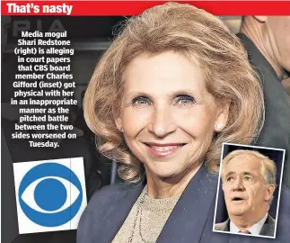  ??  ?? Media mogul Shari Redstone (right) is alleging in court papers that CBS board member Charles Gifford (inset) got physical with her in an inappropri­ate manner as the pitched battle between the two sides worsened on Tuesday.