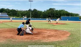  ?? (The Sentinel-Record/Braden Sarver) ?? Lakeside High School senior Eysa Chapman hits a triple in the Rams’ victory against Benton Wednesday.